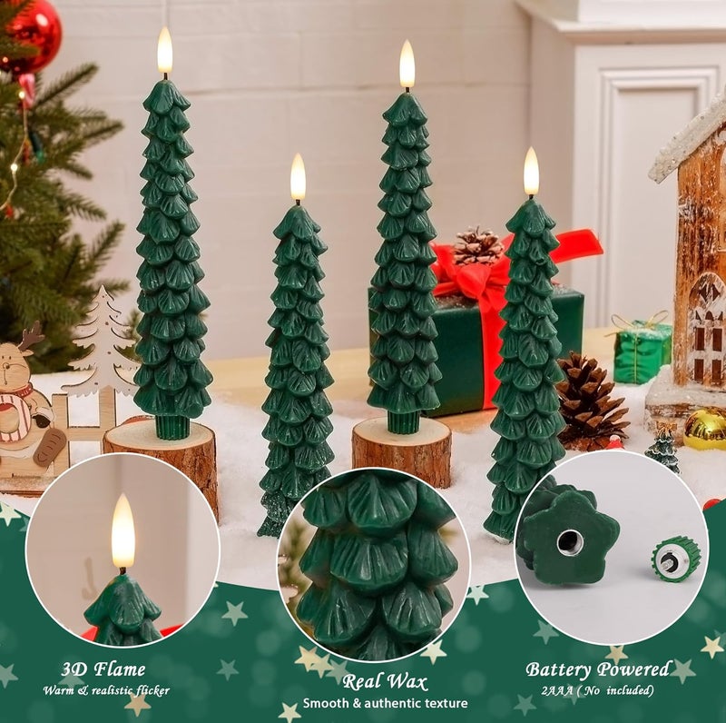 AFINETH Christmas Tree Candles with Remote, 4 Pack Green Flameless Taper Candles Battery Operated, Real Wax 9.6 Inch Flickering Led Christmas Tree Candlesticks Decorations for Winter Home Holiday Xmas Gift - Image 2